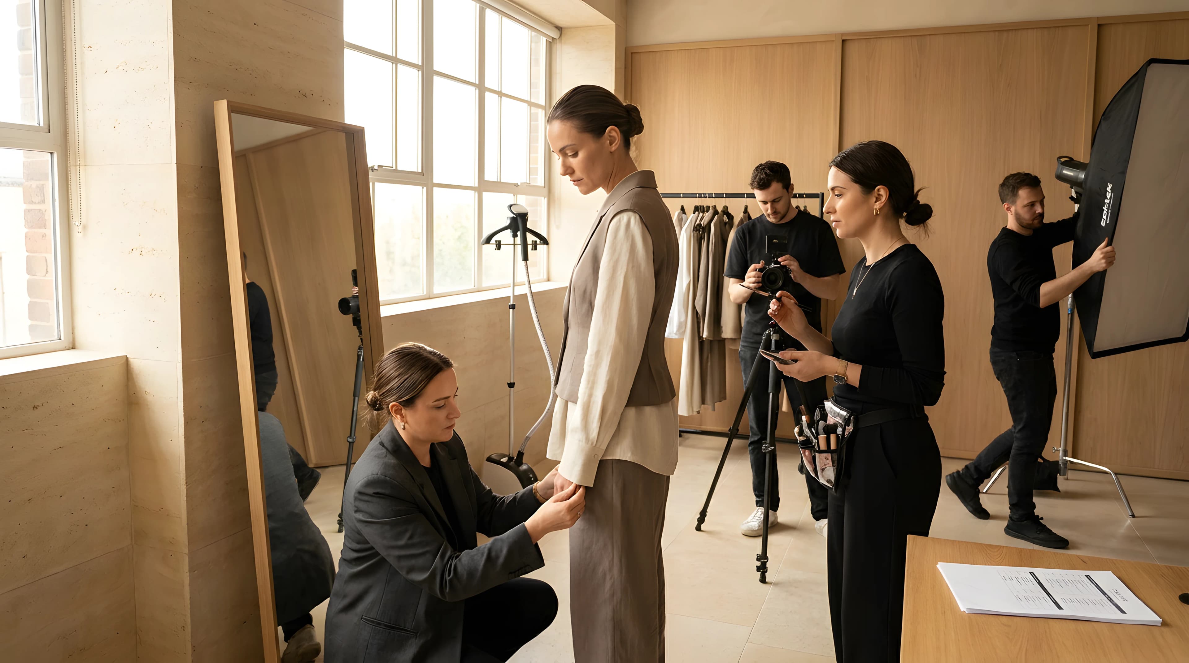 A professional creator focused on craft while production materials and crew remain calm and secondary around them