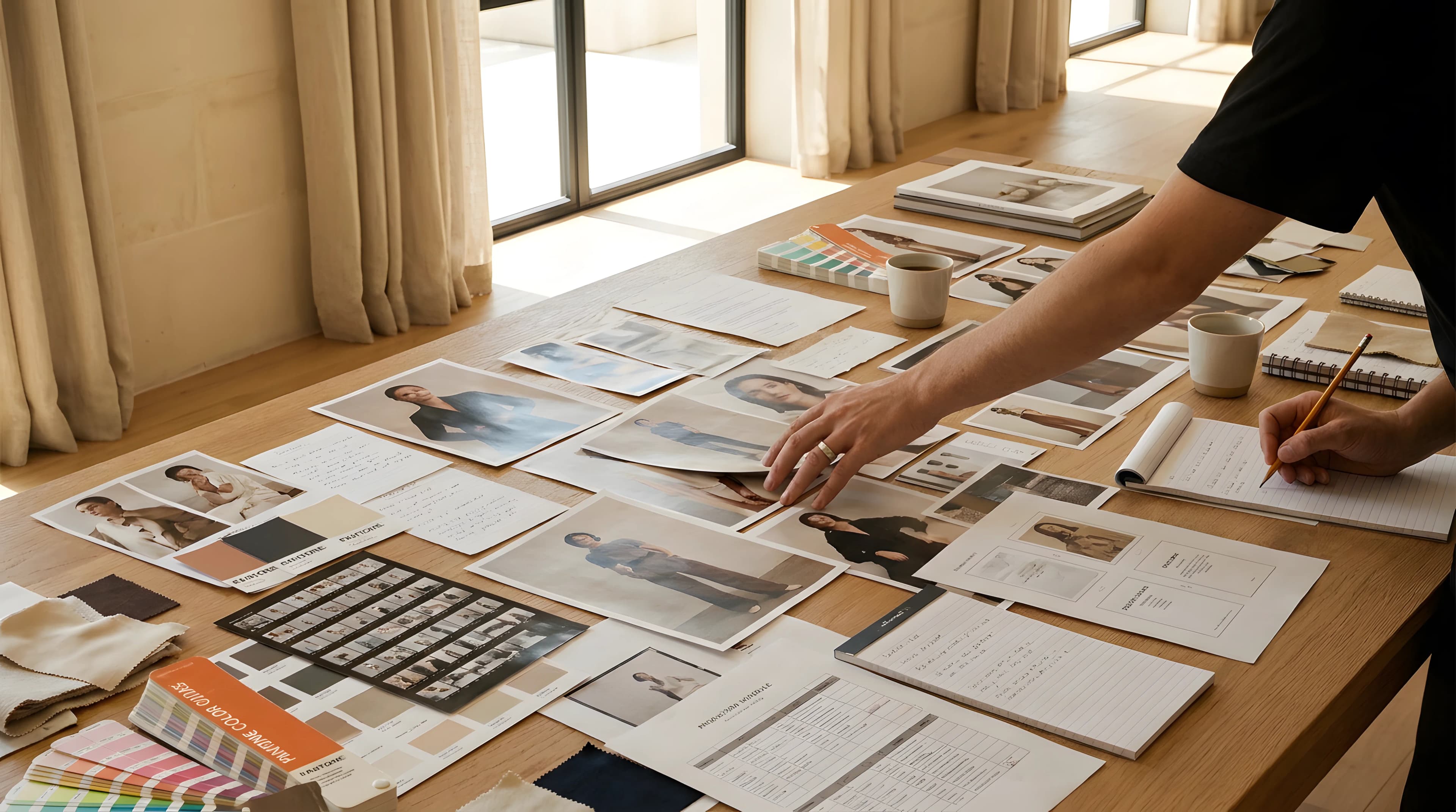 Brand and creative team reviewing campaign concepts, casting options, and product samples at a planning table