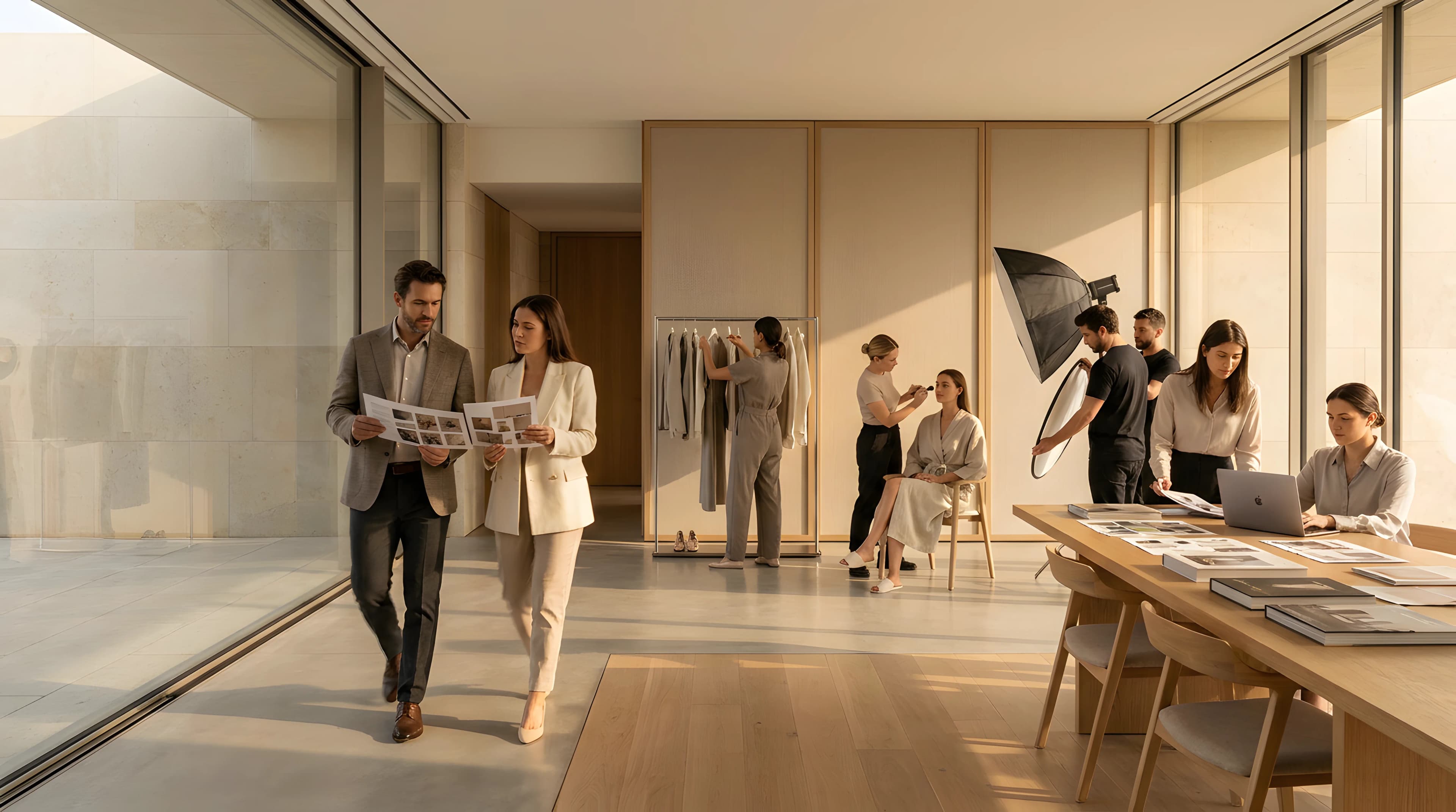 Creative professionals reviewing campaign imagery in a refined production setting