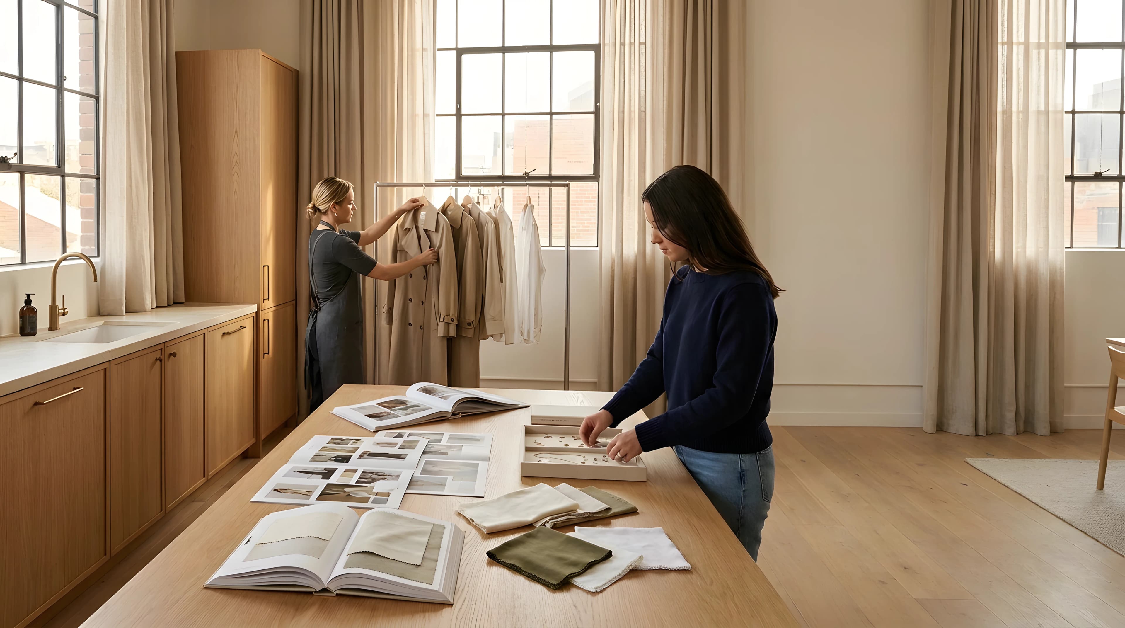 Campaign production in progress — wardrobe, set coordination, and creative direction